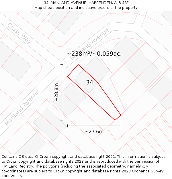 34, MANLAND AVENUE, HARPENDEN, AL5 4RF: Plot and title map