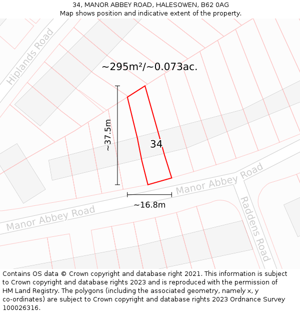 34, MANOR ABBEY ROAD, HALESOWEN, B62 0AG: Plot and title map