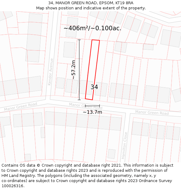 34, MANOR GREEN ROAD, EPSOM, KT19 8RA: Plot and title map