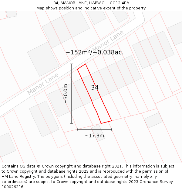 34, MANOR LANE, HARWICH, CO12 4EA: Plot and title map