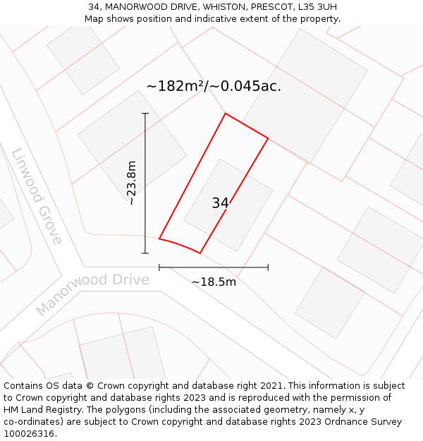 34, MANORWOOD DRIVE, WHISTON, PRESCOT, L35 3UH: Plot and title map