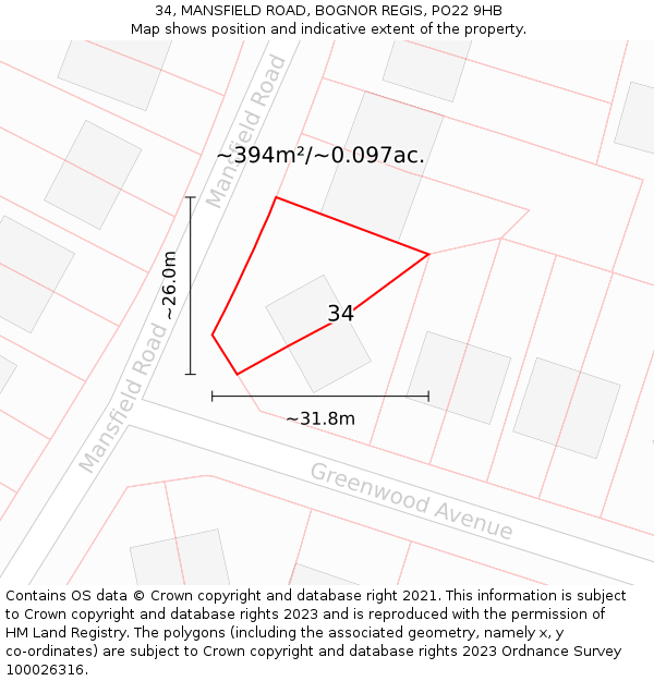 34, MANSFIELD ROAD, BOGNOR REGIS, PO22 9HB: Plot and title map