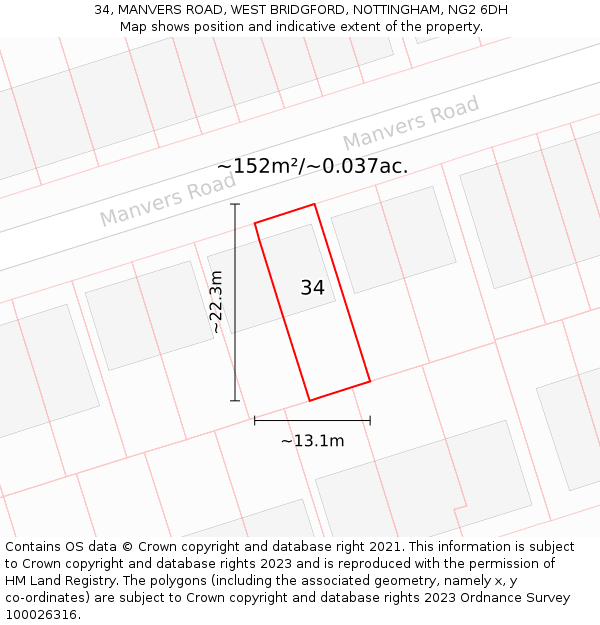 34, MANVERS ROAD, WEST BRIDGFORD, NOTTINGHAM, NG2 6DH: Plot and title map