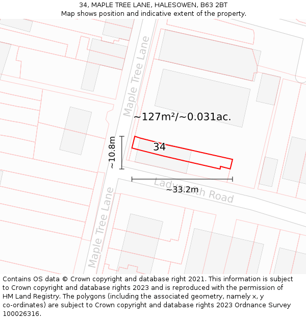 34, MAPLE TREE LANE, HALESOWEN, B63 2BT: Plot and title map