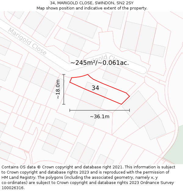 34, MARIGOLD CLOSE, SWINDON, SN2 2SY: Plot and title map