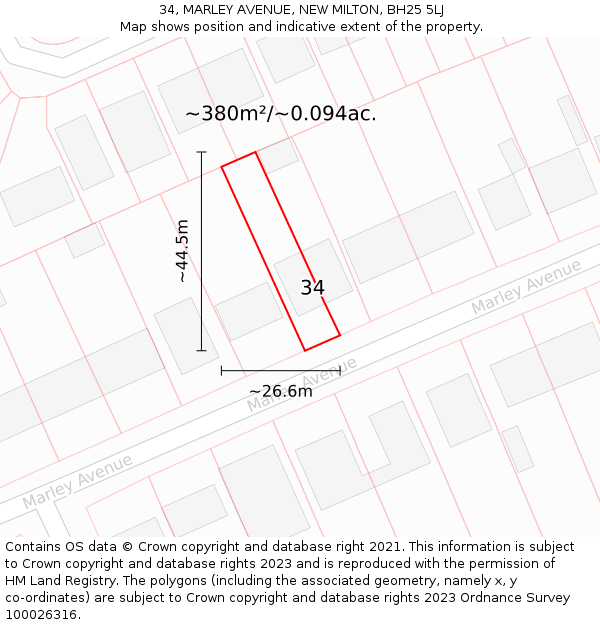 34, MARLEY AVENUE, NEW MILTON, BH25 5LJ: Plot and title map