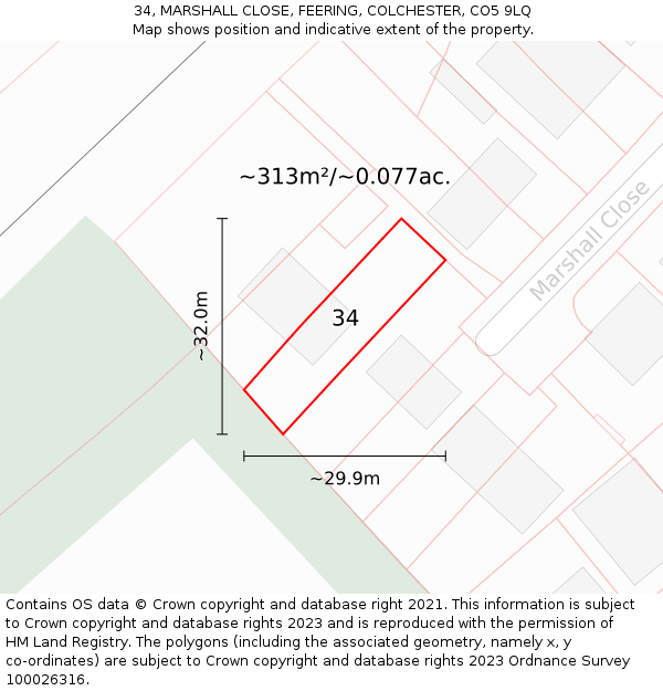 34, MARSHALL CLOSE, FEERING, COLCHESTER, CO5 9LQ: Plot and title map