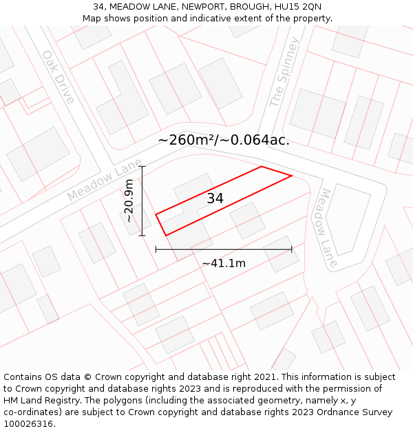 34, MEADOW LANE, NEWPORT, BROUGH, HU15 2QN: Plot and title map