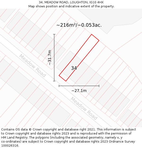 34, MEADOW ROAD, LOUGHTON, IG10 4HX: Plot and title map