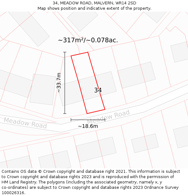 34, MEADOW ROAD, MALVERN, WR14 2SD: Plot and title map