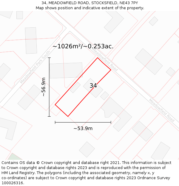 34, MEADOWFIELD ROAD, STOCKSFIELD, NE43 7PY: Plot and title map