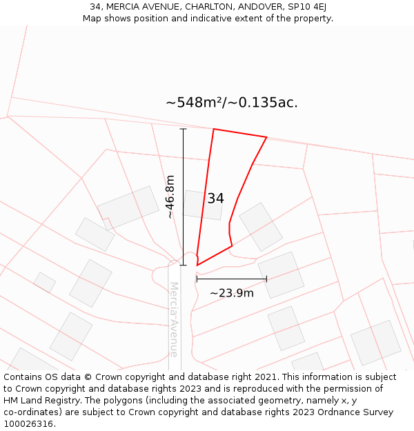 34, MERCIA AVENUE, CHARLTON, ANDOVER, SP10 4EJ: Plot and title map