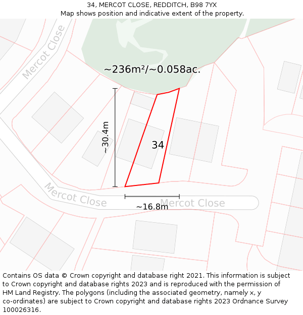 34, MERCOT CLOSE, REDDITCH, B98 7YX: Plot and title map