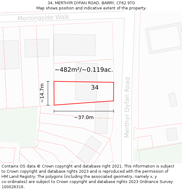 34, MERTHYR DYFAN ROAD, BARRY, CF62 9TG: Plot and title map