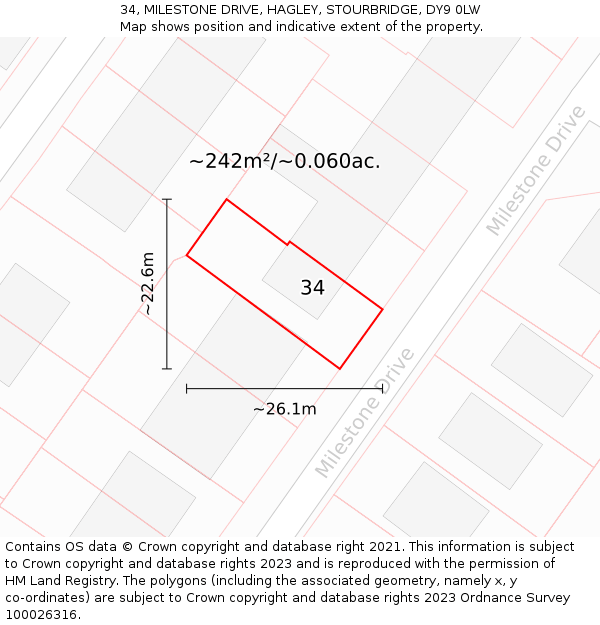 34, MILESTONE DRIVE, HAGLEY, STOURBRIDGE, DY9 0LW: Plot and title map