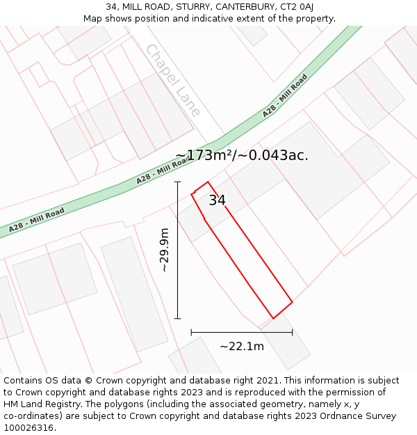 34, MILL ROAD, STURRY, CANTERBURY, CT2 0AJ: Plot and title map