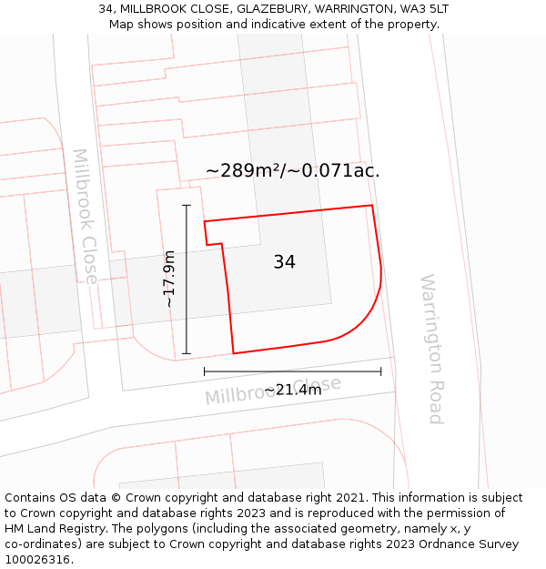 34, MILLBROOK CLOSE, GLAZEBURY, WARRINGTON, WA3 5LT: Plot and title map