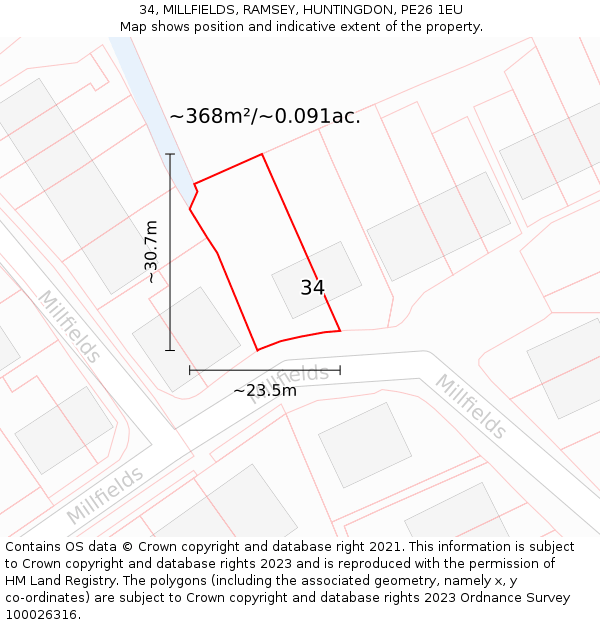 34, MILLFIELDS, RAMSEY, HUNTINGDON, PE26 1EU: Plot and title map