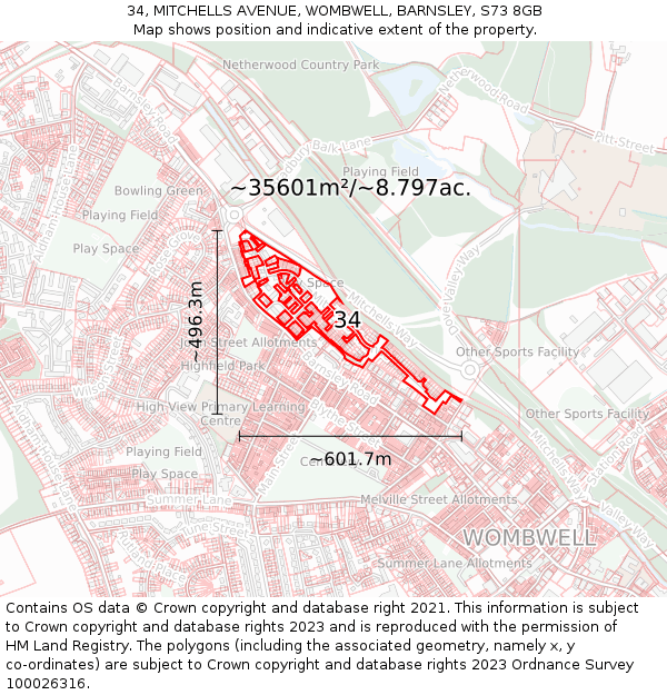34, MITCHELLS AVENUE, WOMBWELL, BARNSLEY, S73 8GB: Plot and title map
