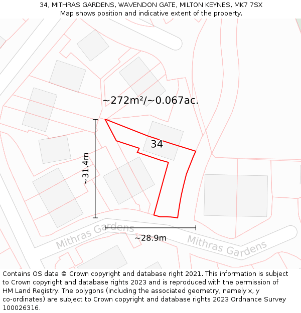 34, MITHRAS GARDENS, WAVENDON GATE, MILTON KEYNES, MK7 7SX: Plot and title map