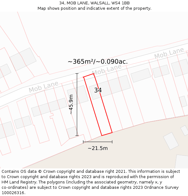 34, MOB LANE, WALSALL, WS4 1BB: Plot and title map