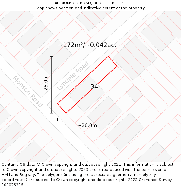 34, MONSON ROAD, REDHILL, RH1 2ET: Plot and title map