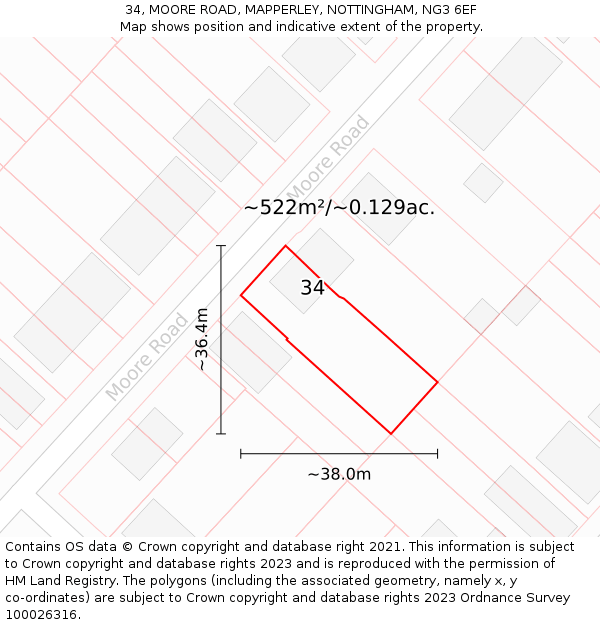 34, MOORE ROAD, MAPPERLEY, NOTTINGHAM, NG3 6EF: Plot and title map