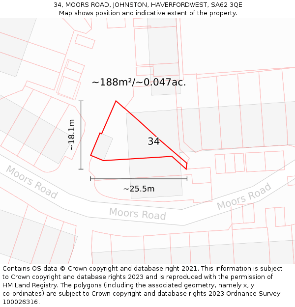 34, MOORS ROAD, JOHNSTON, HAVERFORDWEST, SA62 3QE: Plot and title map