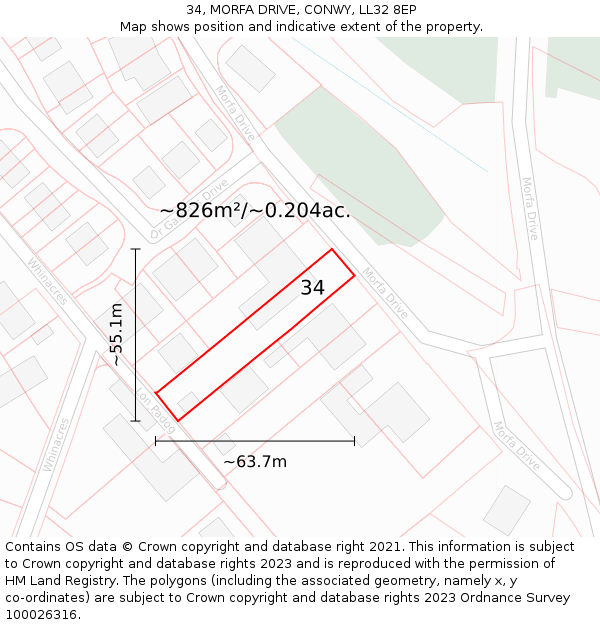 34, MORFA DRIVE, CONWY, LL32 8EP: Plot and title map