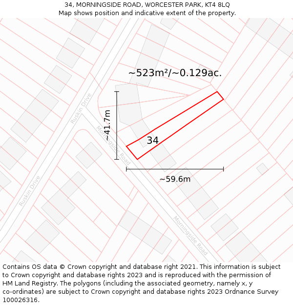 34, MORNINGSIDE ROAD, WORCESTER PARK, KT4 8LQ: Plot and title map