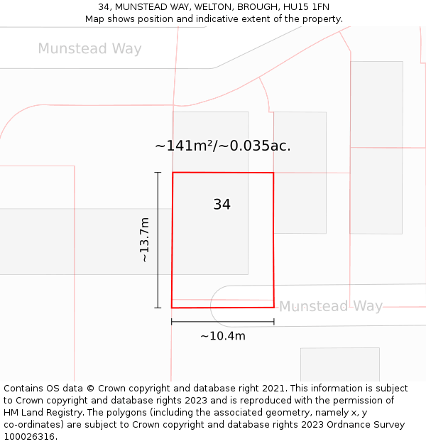 34, MUNSTEAD WAY, WELTON, BROUGH, HU15 1FN: Plot and title map
