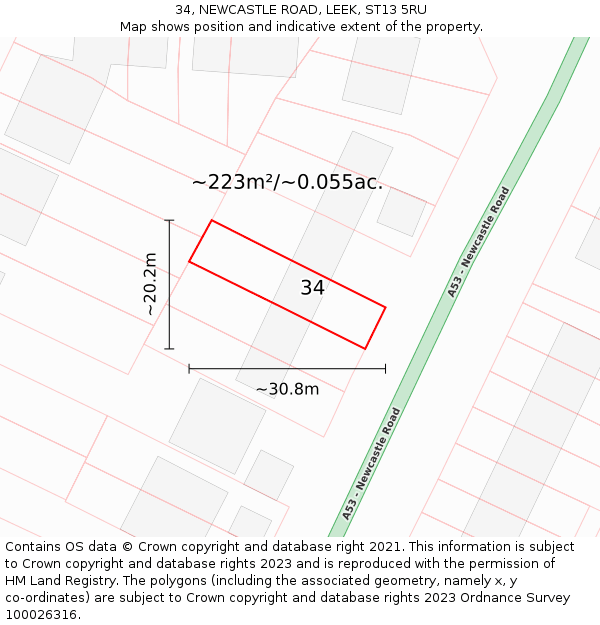 34, NEWCASTLE ROAD, LEEK, ST13 5RU: Plot and title map