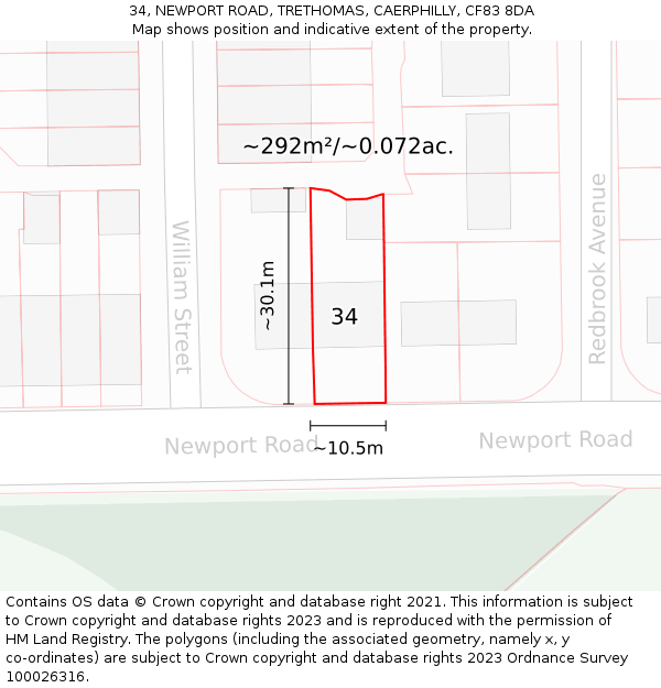 34, NEWPORT ROAD, TRETHOMAS, CAERPHILLY, CF83 8DA: Plot and title map