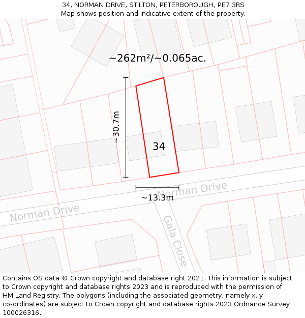 34, NORMAN DRIVE, STILTON, PETERBOROUGH, PE7 3RS: Plot and title map