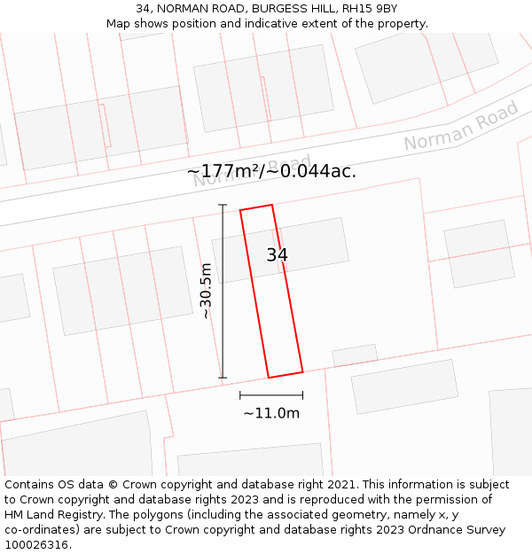 34, NORMAN ROAD, BURGESS HILL, RH15 9BY: Plot and title map