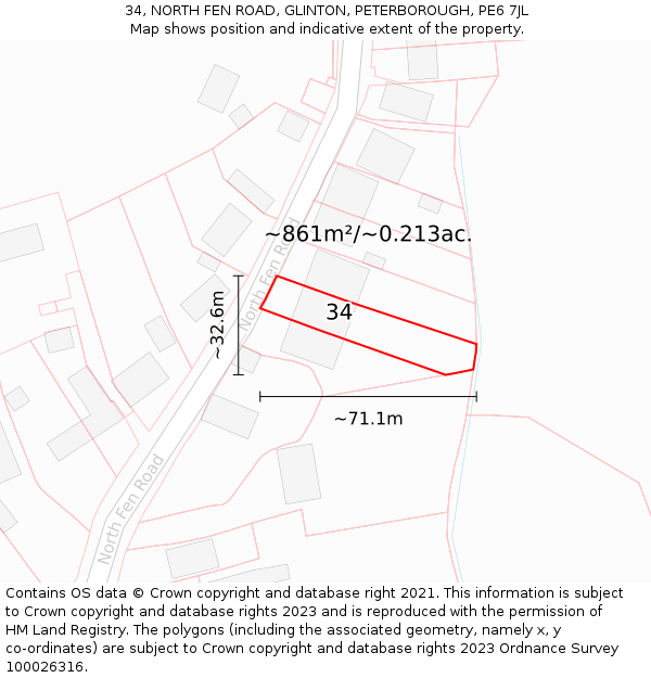 34, NORTH FEN ROAD, GLINTON, PETERBOROUGH, PE6 7JL: Plot and title map