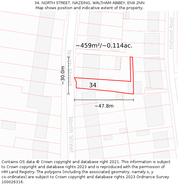 34, NORTH STREET, NAZEING, WALTHAM ABBEY, EN9 2NN: Plot and title map