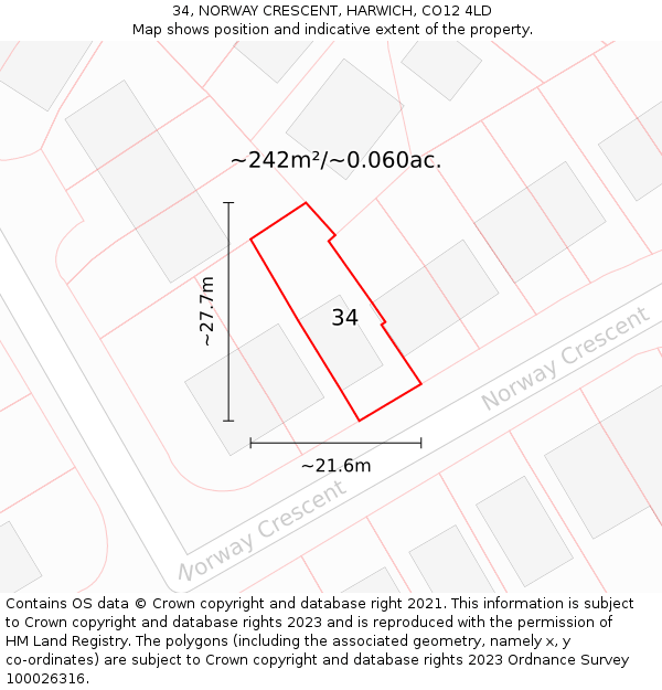 34, NORWAY CRESCENT, HARWICH, CO12 4LD: Plot and title map