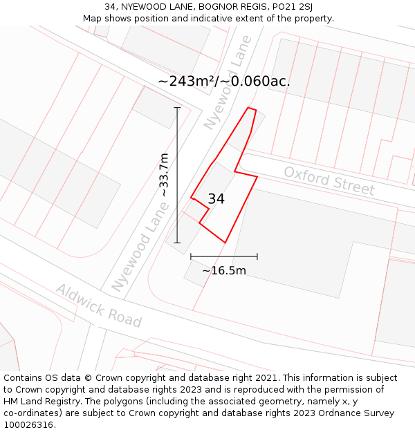 34, NYEWOOD LANE, BOGNOR REGIS, PO21 2SJ: Plot and title map