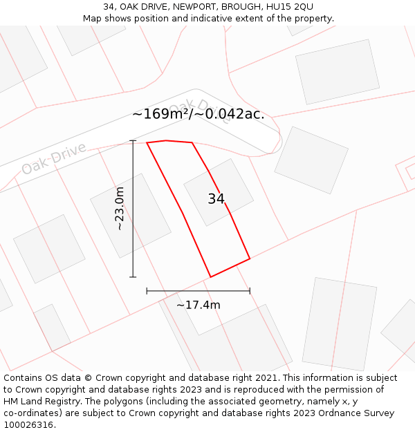 34, OAK DRIVE, NEWPORT, BROUGH, HU15 2QU: Plot and title map