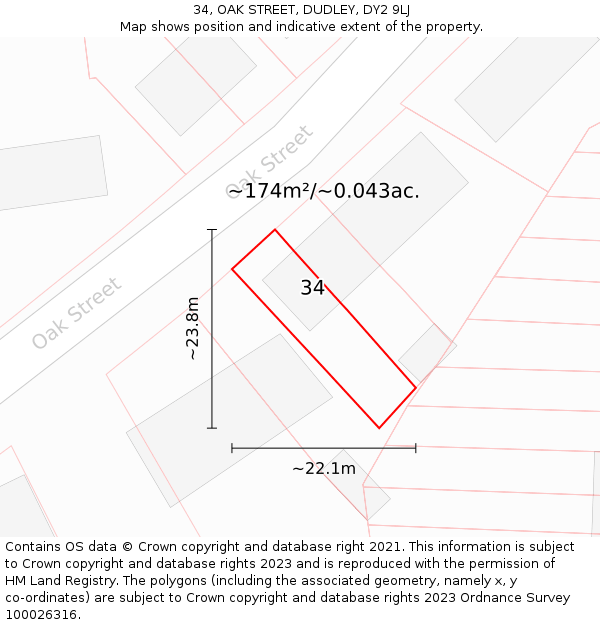 34, OAK STREET, DUDLEY, DY2 9LJ: Plot and title map