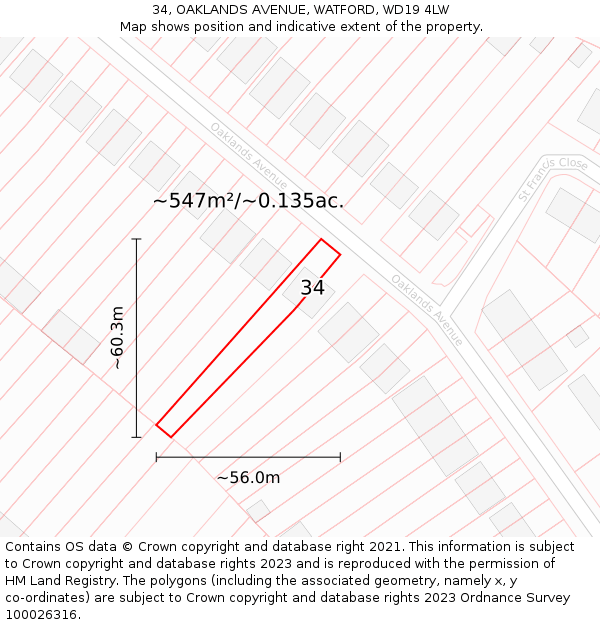 34, OAKLANDS AVENUE, WATFORD, WD19 4LW: Plot and title map