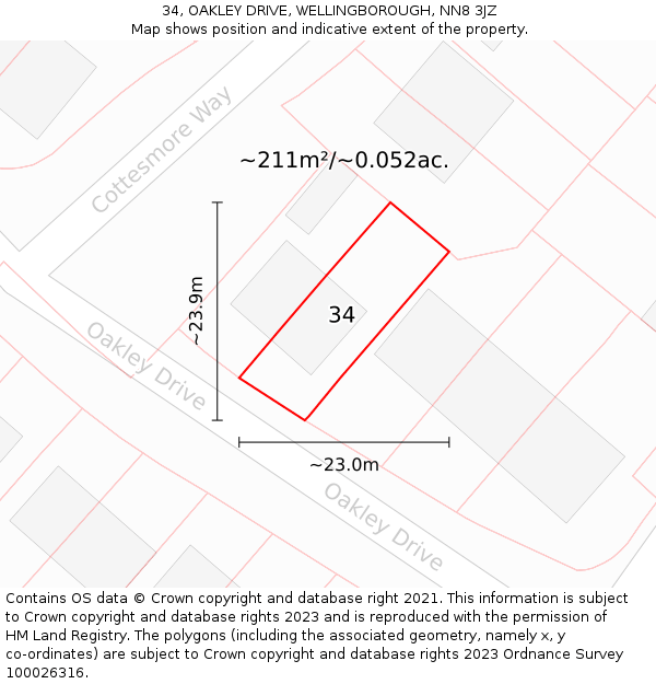 34, OAKLEY DRIVE, WELLINGBOROUGH, NN8 3JZ: Plot and title map