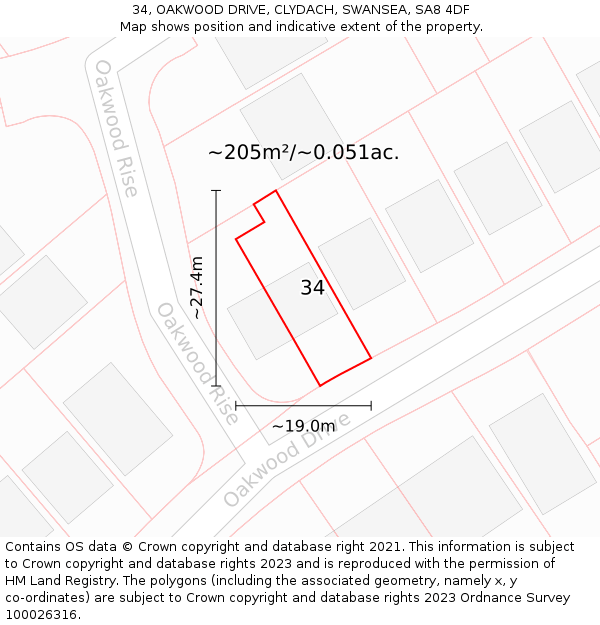 34, OAKWOOD DRIVE, CLYDACH, SWANSEA, SA8 4DF: Plot and title map