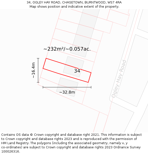 34, OGLEY HAY ROAD, CHASETOWN, BURNTWOOD, WS7 4RA: Plot and title map