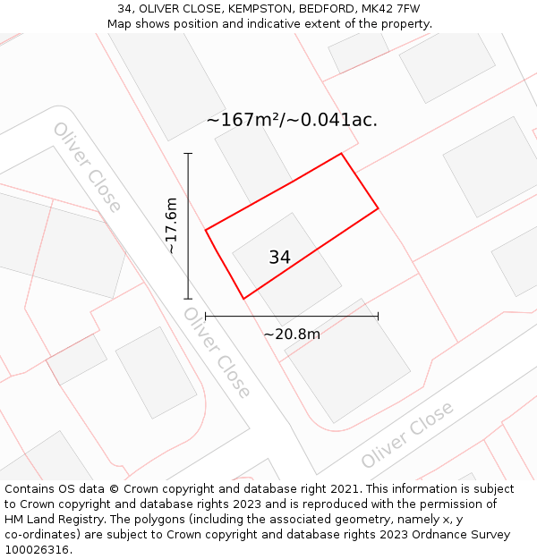 34, OLIVER CLOSE, KEMPSTON, BEDFORD, MK42 7FW: Plot and title map