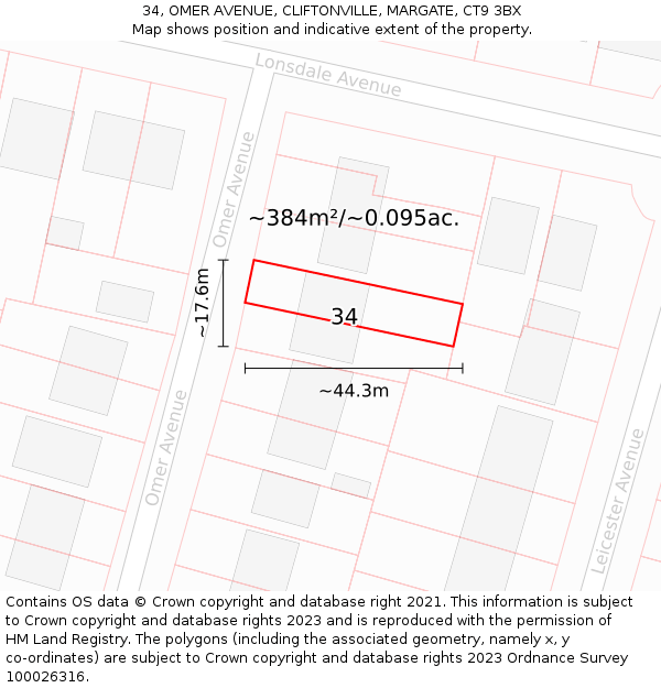 34, OMER AVENUE, CLIFTONVILLE, MARGATE, CT9 3BX: Plot and title map