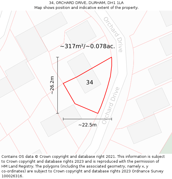 34, ORCHARD DRIVE, DURHAM, DH1 1LA: Plot and title map