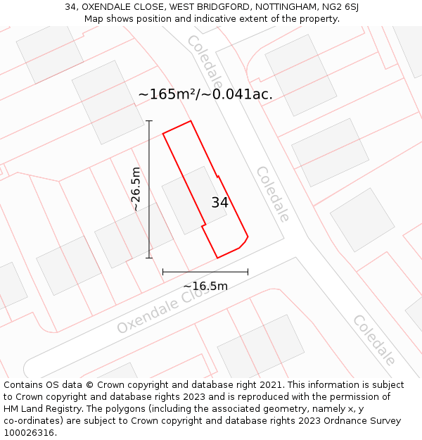 34, OXENDALE CLOSE, WEST BRIDGFORD, NOTTINGHAM, NG2 6SJ: Plot and title map