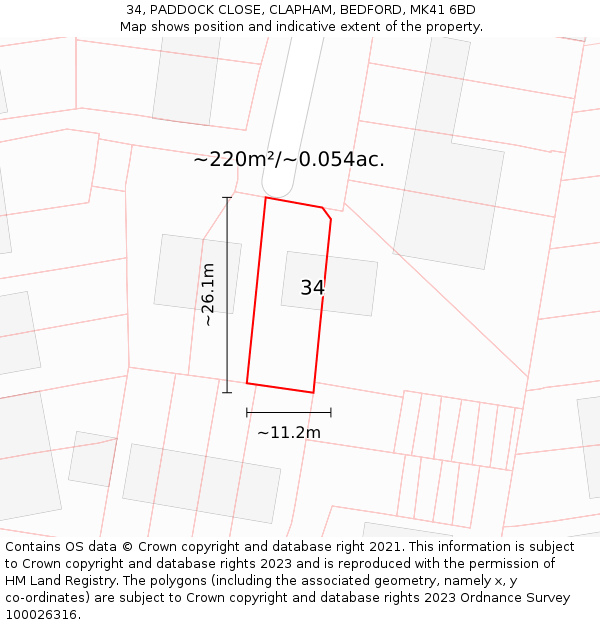 34, PADDOCK CLOSE, CLAPHAM, BEDFORD, MK41 6BD: Plot and title map
